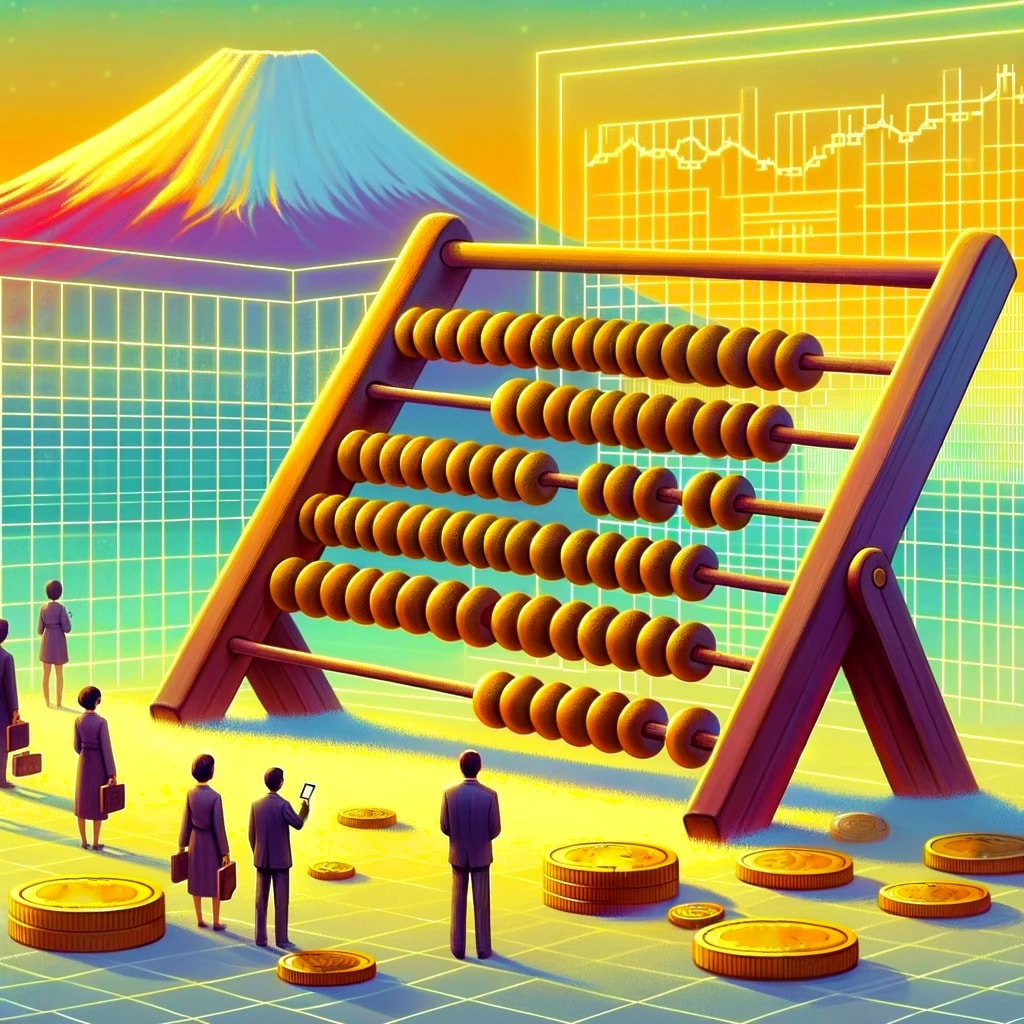Japan's move to cryptocurrency for startup funding. The painting depicts a large traditional Japanese abacus