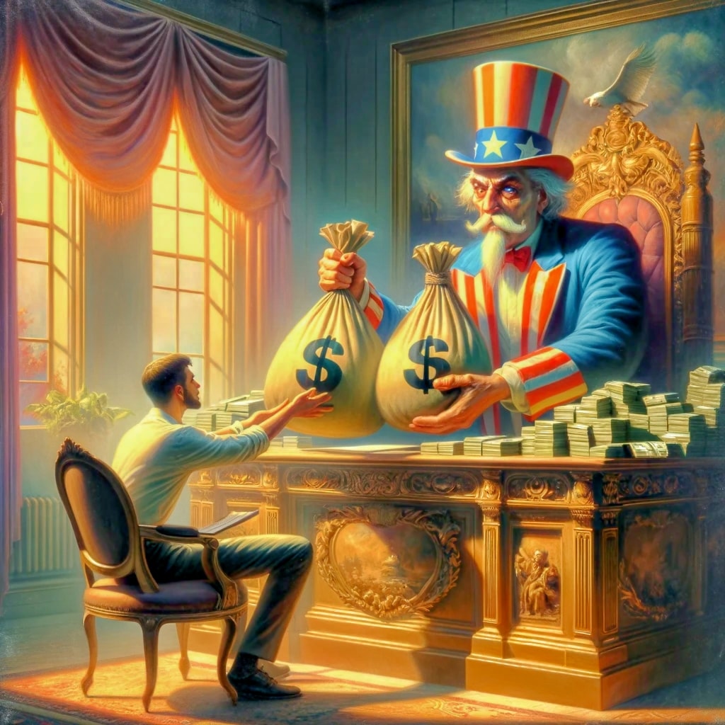 A person giving uncle sam big bags of money at this desk, no other choice