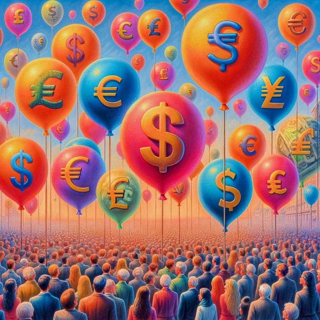 Balloons in the shape of money, continually inflating like balloons with crowds looking at them
