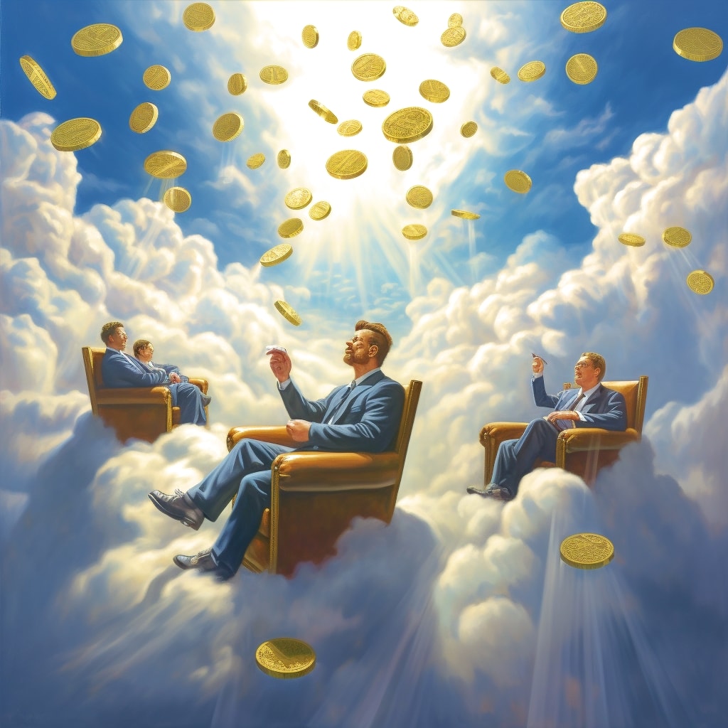 Business people sitting on bitcoins flying through the sky, in the clouds