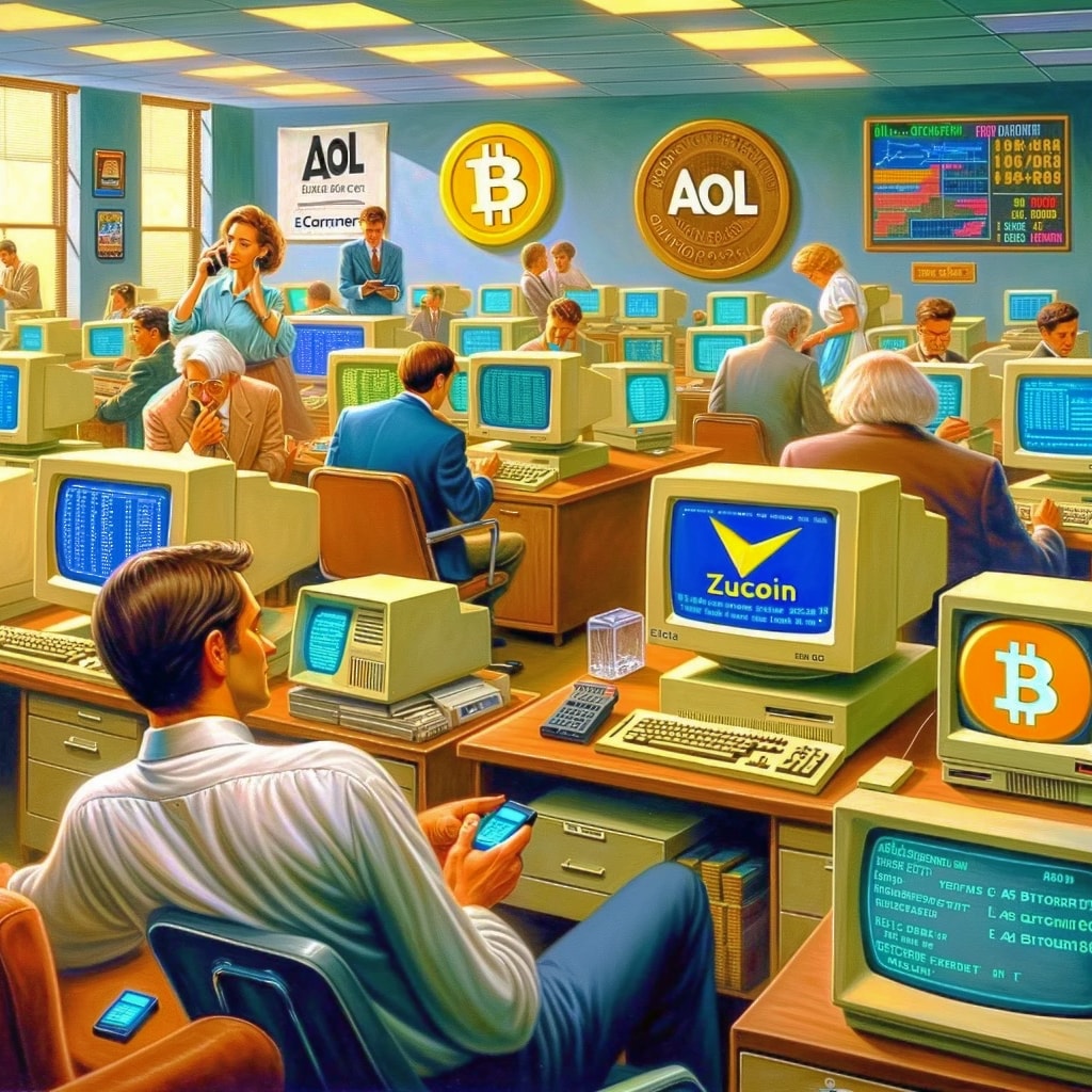 People using the internet in 1998, but with cryptocurrencies, people using brick phones, references to AOL, Dotcom, ecommerce