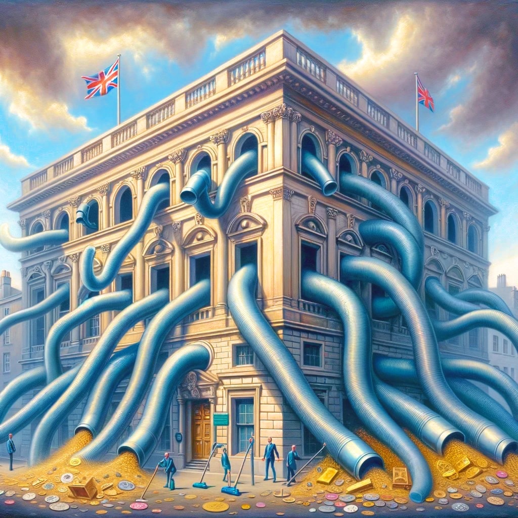 Vacuum cleaner hoses coming out of a British bank building like tentacles, hoovering up assets