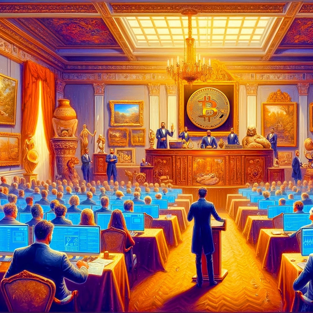 Bitcoin artwork shown on an oversized computer screen, being sold at an very prestigious and classy auction, exotic items