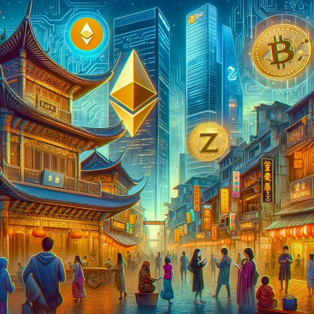 Cryptocurrency epicenter, asian city, cityscape, mix of new and old, people, tokenization, Z coins, smartphone