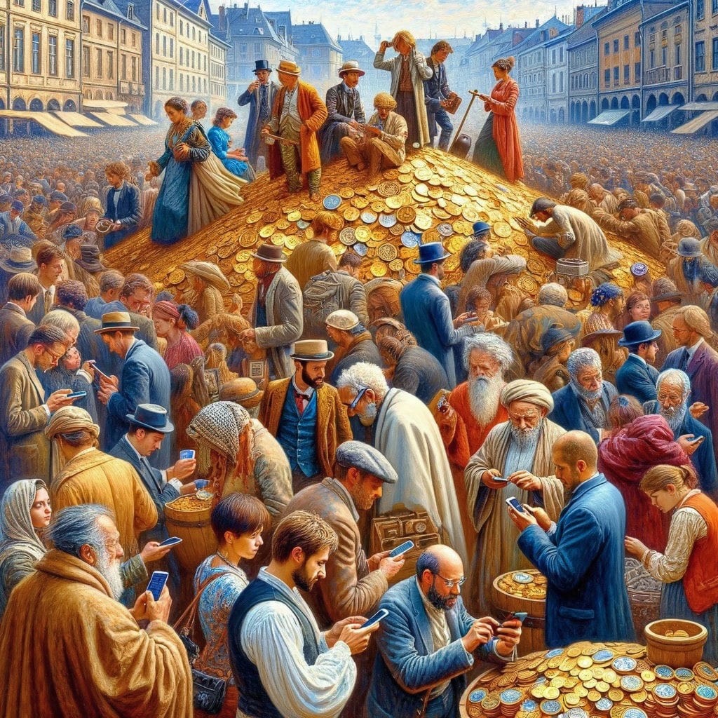People crowding around a pile of gold coins