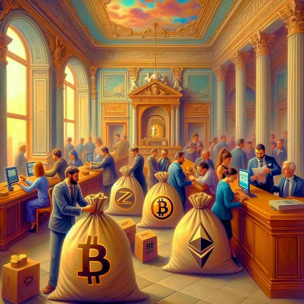 People depositing bags of cryptocurrency inside an european bank as an oil painting