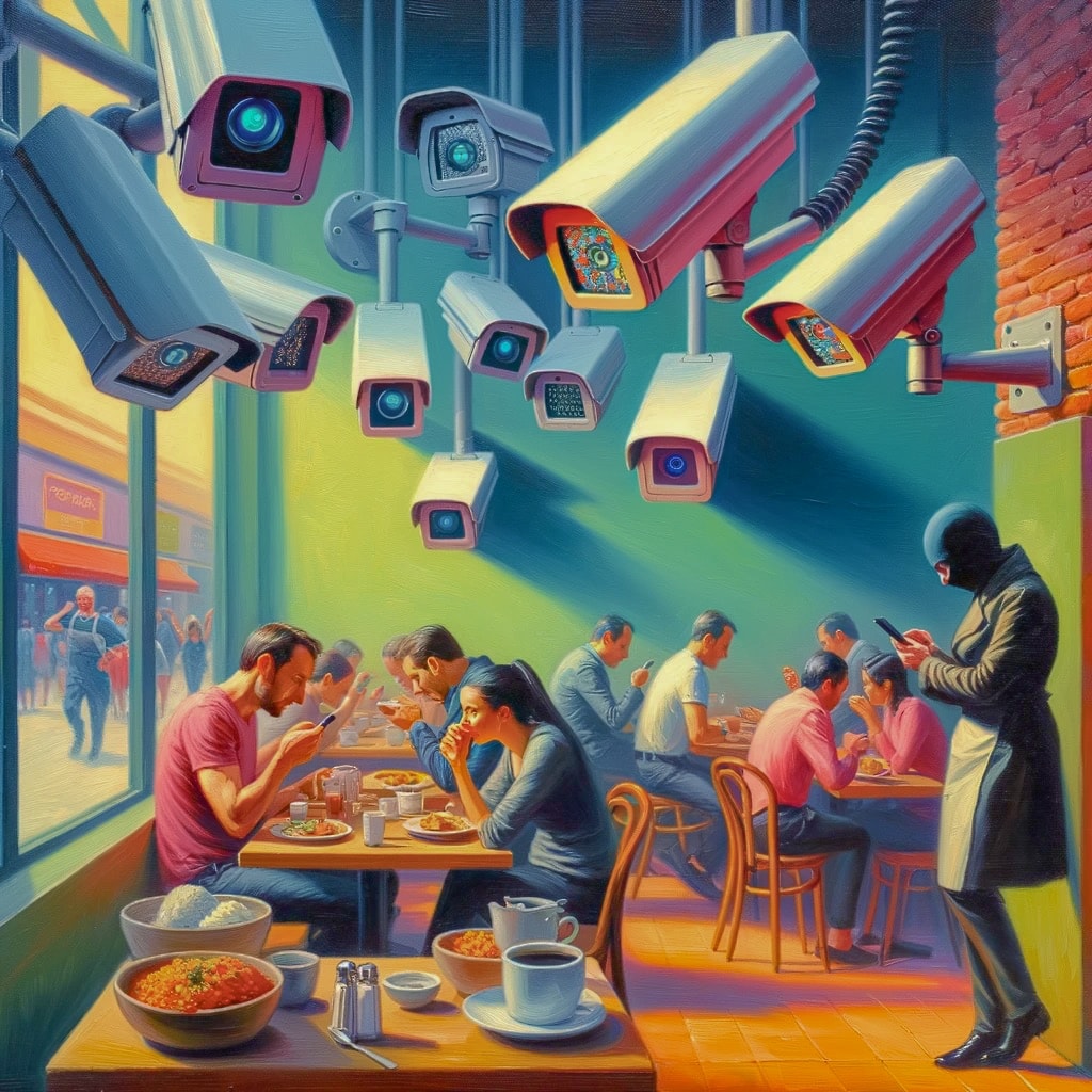 Security cameras watching a group of people eating at a cafe, people entering the pin code to unlock their phones