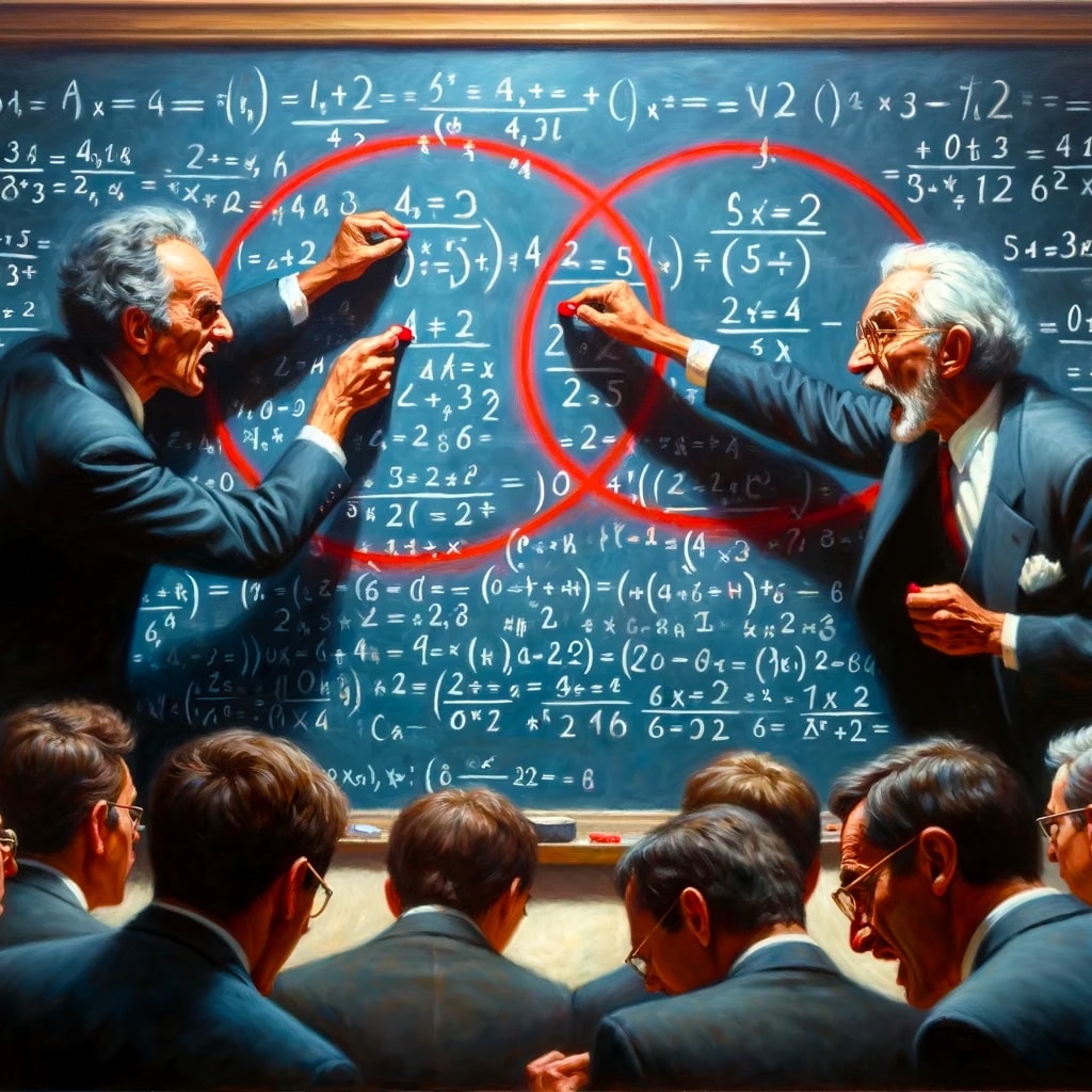 Two formal suited-up professors, each is putting a red circle around a different calculated answer on a chalkboard