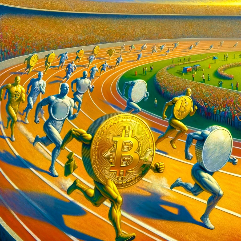 Bitcoin beating Silver coins and other runners in a running race, with lots of other entrants