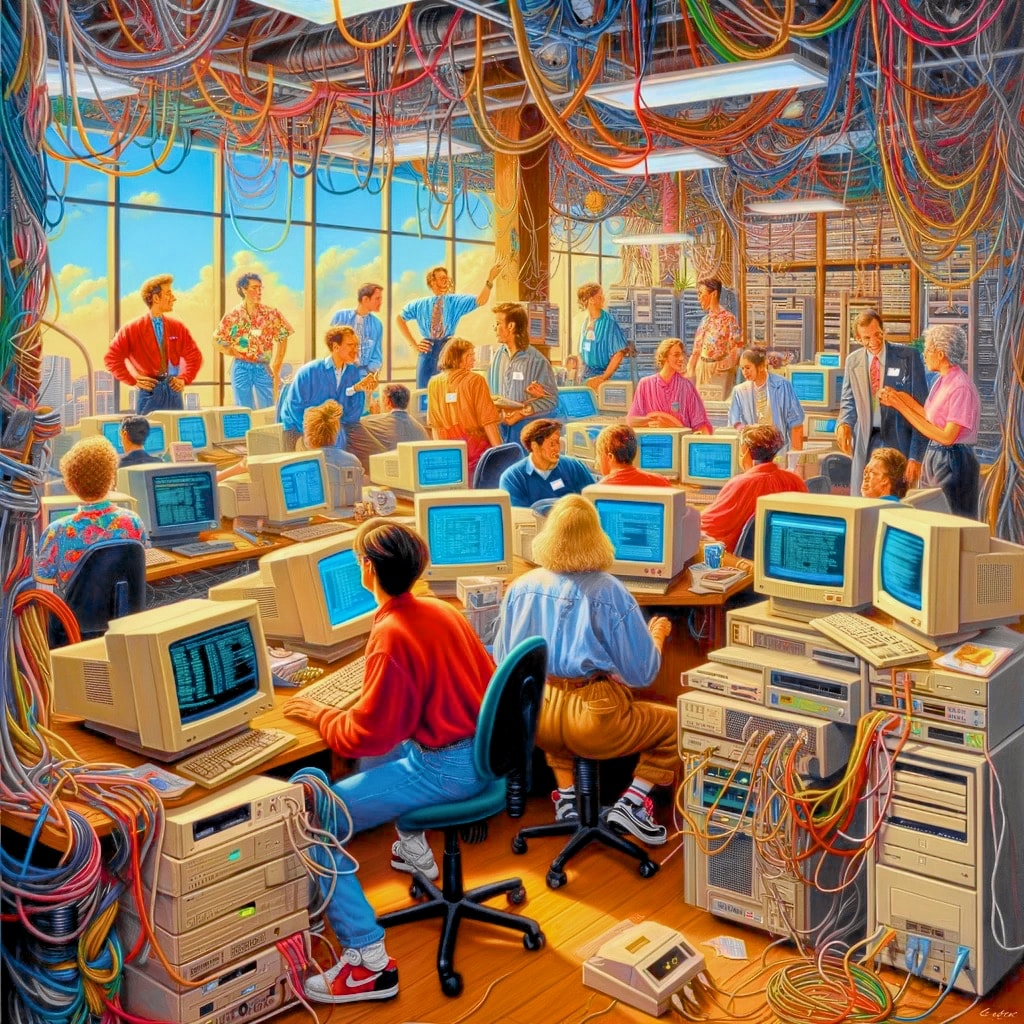 Early silicon valley internet companies in the 90's, lots of crt computers, network cables, servers, dialup modems, 90s fashion