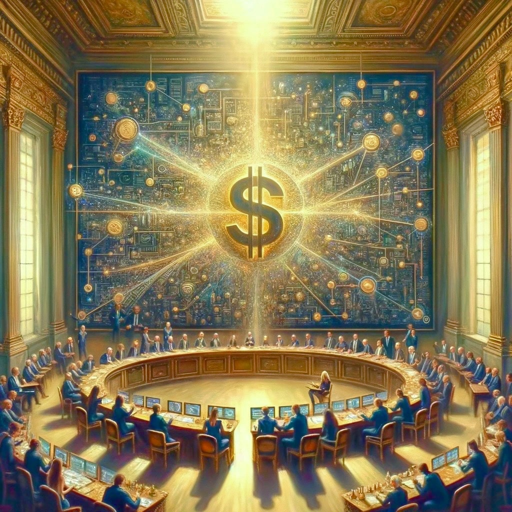 IMF business people drawing a huge map diagram USD dollar dominance wearing a crown in the Center, connecting research dots