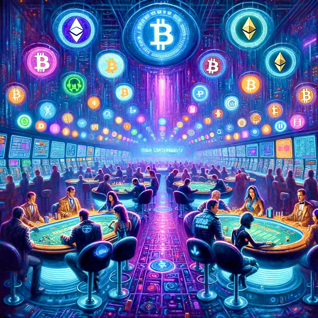 Cryptocurrency casino, blade runner style, people playing on casino poker machines, holograms, high roller area