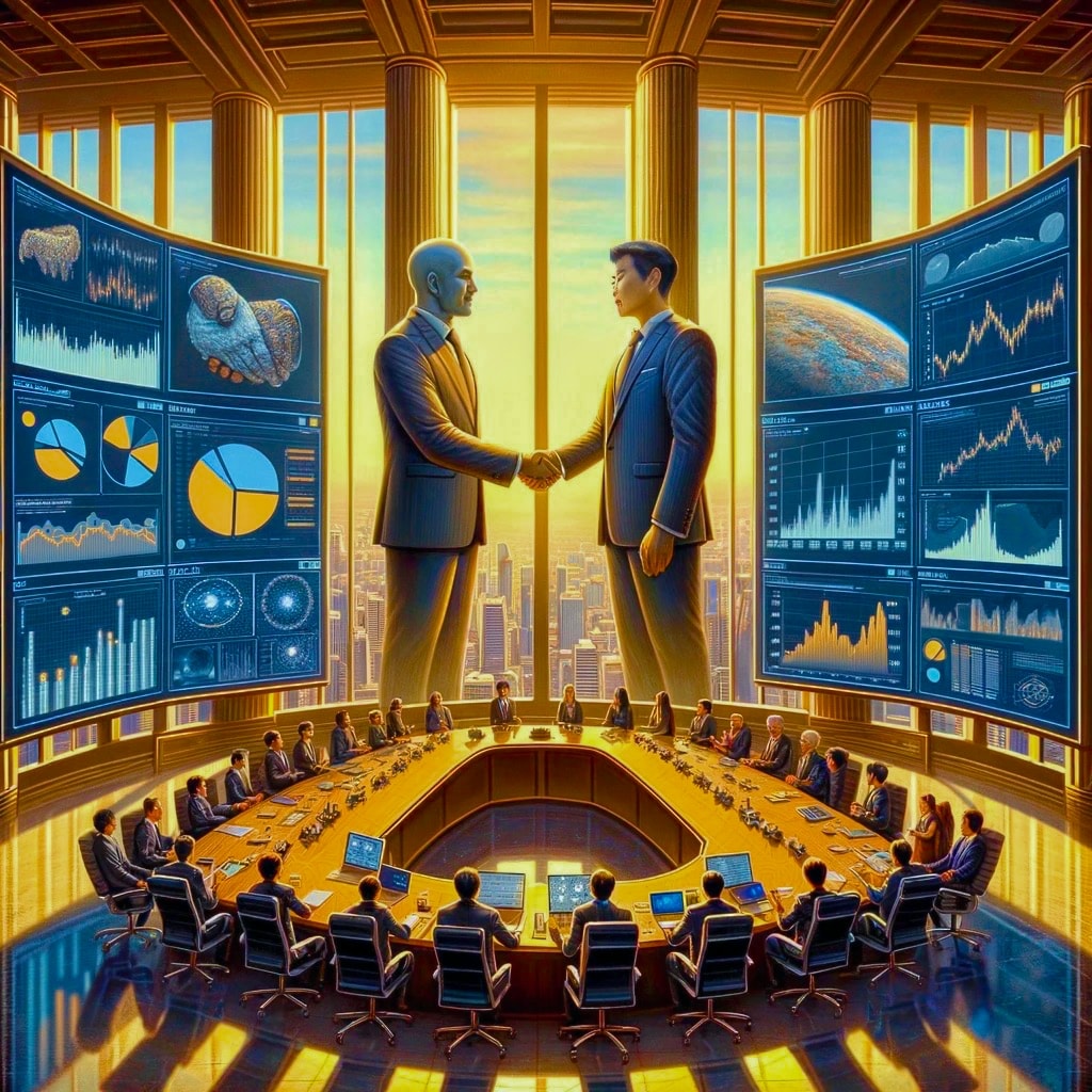 Modern South Korean pension fund, tech company deal, graphs, charts, crypto, boardroom, two giant people shaking hands