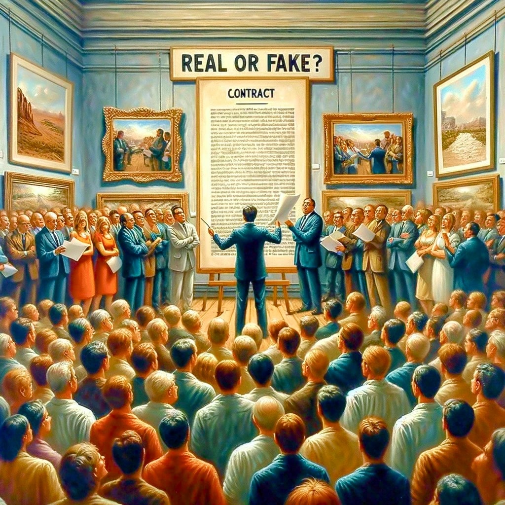 Real vs fake cloned paper contract on a stand and crowds, in an art gallery, a sign that says real or fake, with a gameshow host