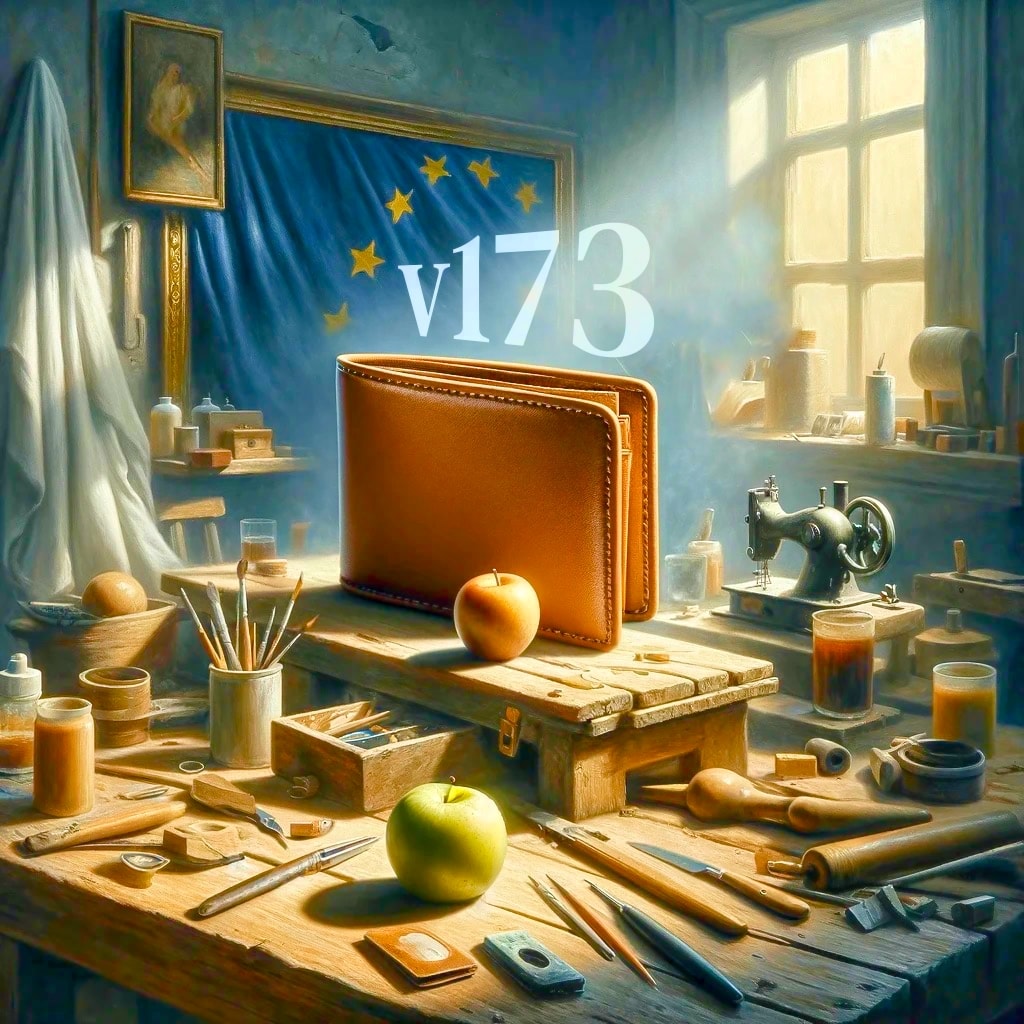 Zucoins wallet app update newsletter -- wallet made by in a workshop, an apple on the table and eu flag nearby, words in the background v173
